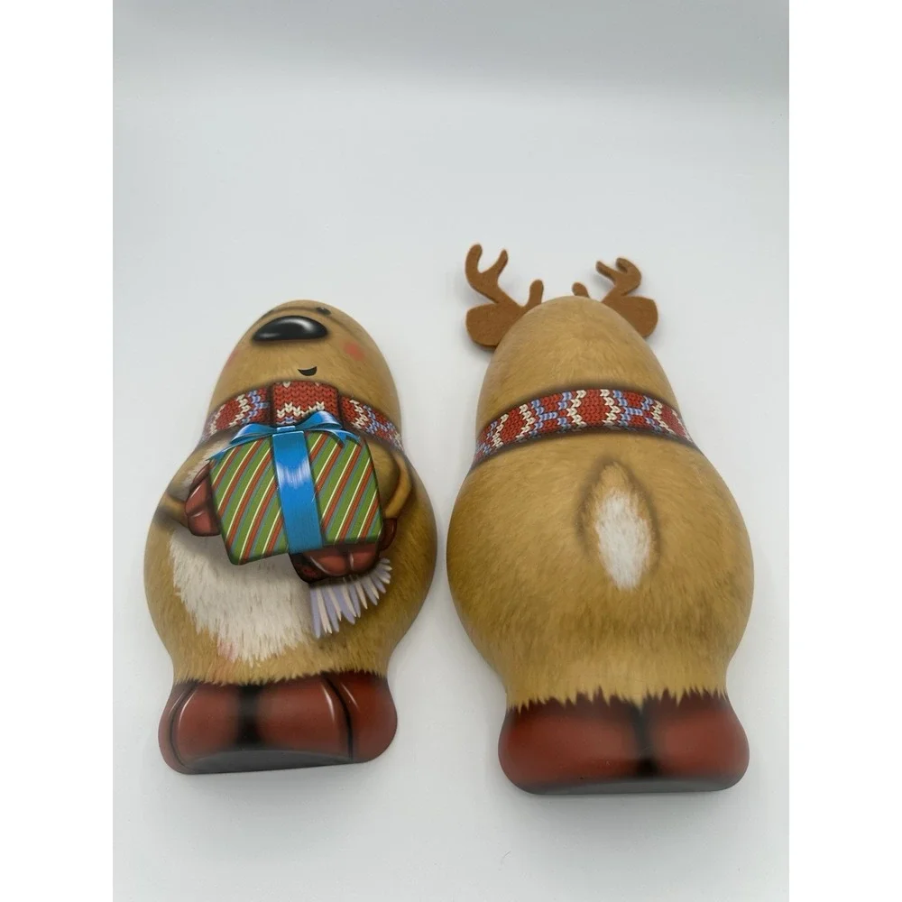3-D Reindeer Moose Winter Christmas Treats Tin Container W/ Felt Horns 11 Inches